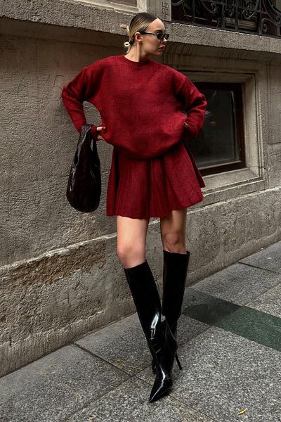 Swist Burgundy Paloma Crew Neck Sweater-Plissee Skirt Women's Knitwear Bottom Top Set