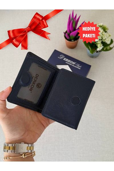 DERKON Navy Blue Sakura Model Men's Wallet - Genuine Leather, Magnet Fold