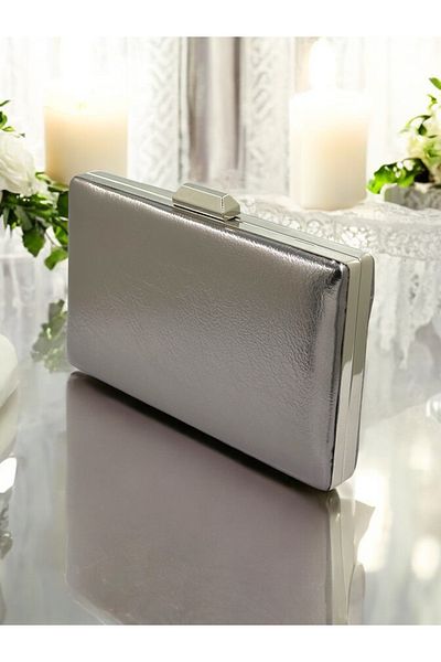 Biçanta Anthracite Grey Platinum - Δερμάτινη βραδινή τσάντα φορέματος με λουράκι αλυσίδας, για αποφοίτηση και αρραβώνα