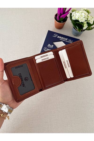 DERKON Men's Wallet - Genuine Leather, Magnet Fold, Sakura Model, Tan