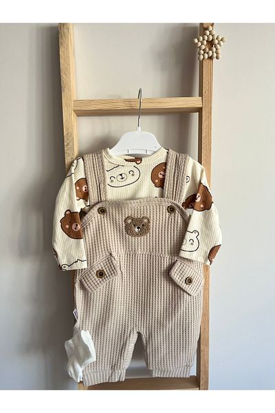 Linikids Nafitto Teddy Bear Embroidered Baby Boy Waffle Beige Salopet (with Sock Gift)