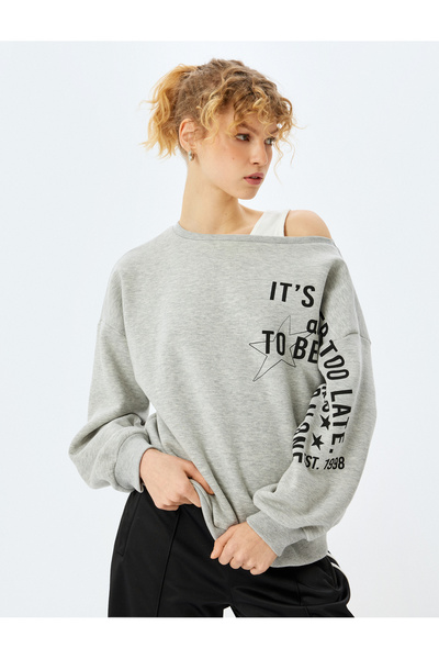 Koton New Season Hooded Off Shoulder Boat Neck Printed Oversize Sweatshirt