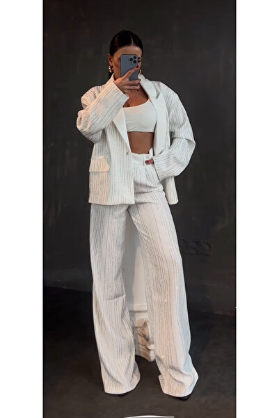 BERİ BUTİK Kadın Full Taş Işlemeli Premium Özel Tasarım Ithal Beyaz Blazer Ceket