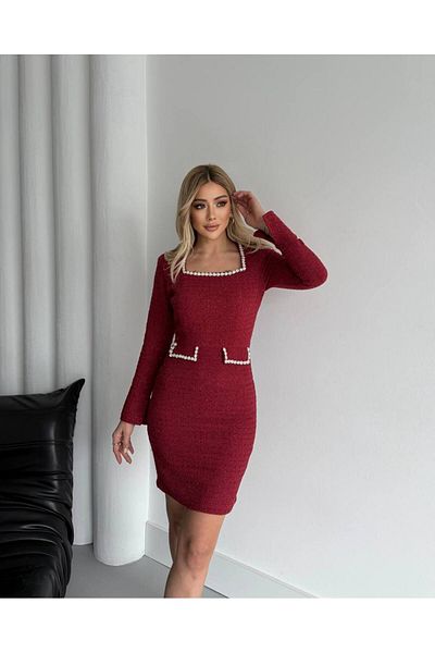 1Moda1Tarz Women's Red Neckline and Pocket Stonework Special Design Lined Midi Dress