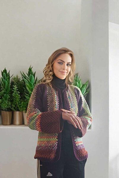 Örgü Sanatı El Örgüsü Patchwork Ömürlük Hırka, Ponpon Detaylı, Benzersiz Renk...