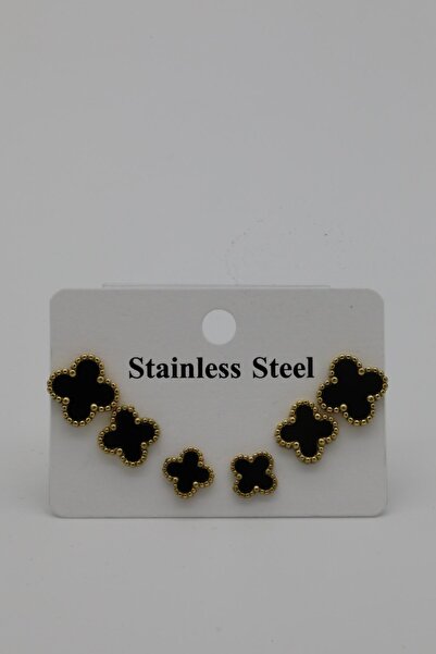 Inure Jewelry Yonca Model 3 Farklı Boy Çivi Küpe 3in1 Vip Altın Kaplama Çerçe...