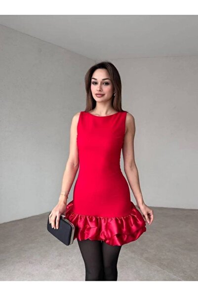 BEAUTY FASHİON Kadın Abiye Sırt Dekolteli Kalın Askılı Eteği Fırfırlı Mini Elbise - Abiye & Mezuniyet Elbisesi