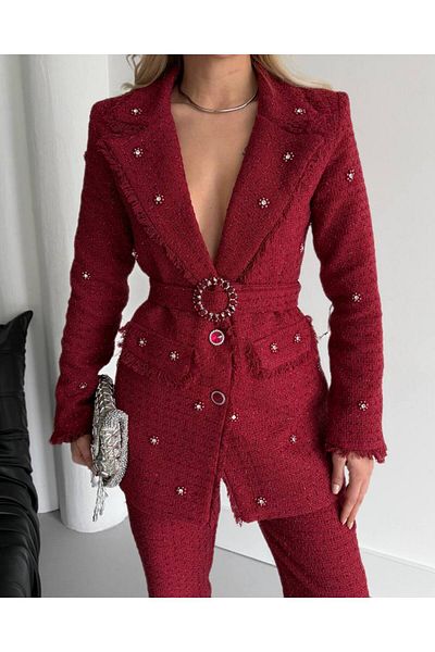 1Moda1Tarz Women's Red Imported Silvery Tweed Fabric Lined Belted Tassel Detail Bead Accessory Design Suit