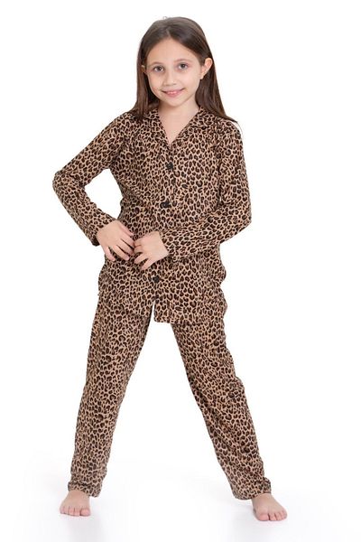 ARBİ kids Момичешки комплект пижама с кафяви леопардови шарки от плат с копчета