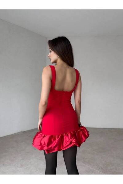 BEAUTY FASHİON Kadın Abiye Sırt Dekolteli Kalın Askılı Eteği Fırfırlı Mini Elbise - Abiye & Mezuniyet Elbisesi