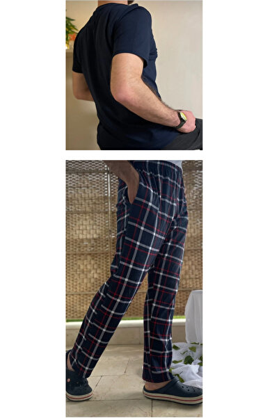 Betimoda Μπλε Navy με τσέπες κανονική εφαρμογή κάτω καρό καρό βαμβακερό πλεκτό ανδρικό σετ πιτζάμες με λαιμόκοψη