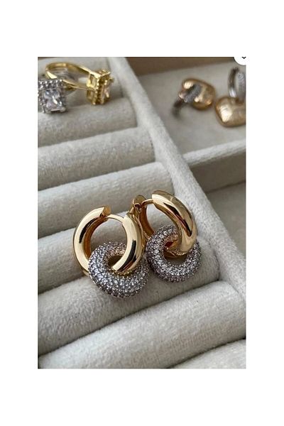 Alaçatı Accesories Zircon Stone Detailed Hoop Stainless Colorfast Steel Earrings