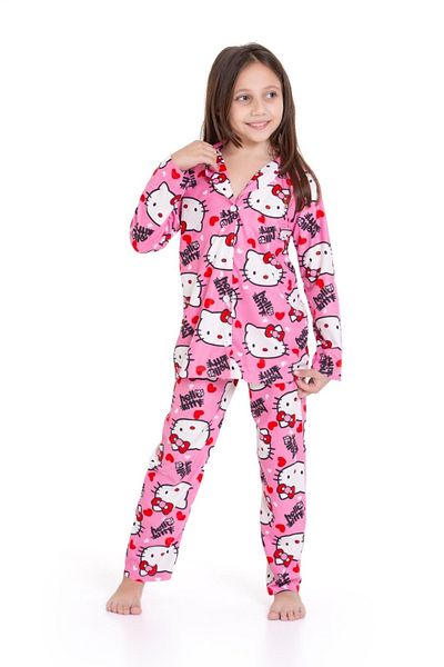 ARBİ kids Girl's Hello Kitty Heart Pink Suede Fabric Pajama Set