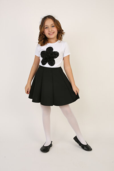 FATELLA Crna majica za devojčice Cvetni dezen Crni set suknje Skuba 23. april...