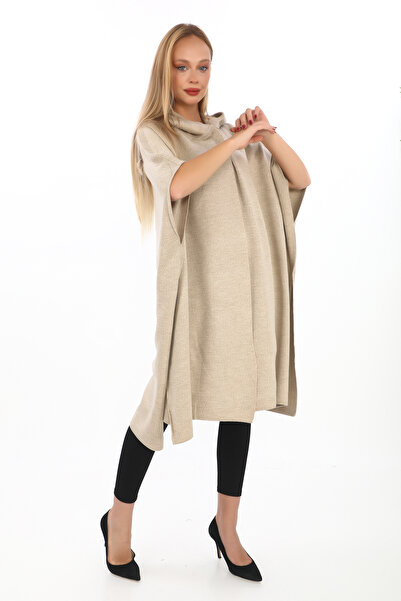 02Lady Fashion πλεκτό πόντσο με κουκούλα