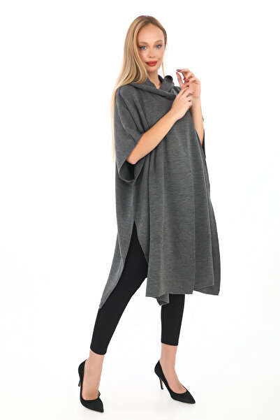 02Lady Fashion πλεκτό πόντσο με κουκούλα