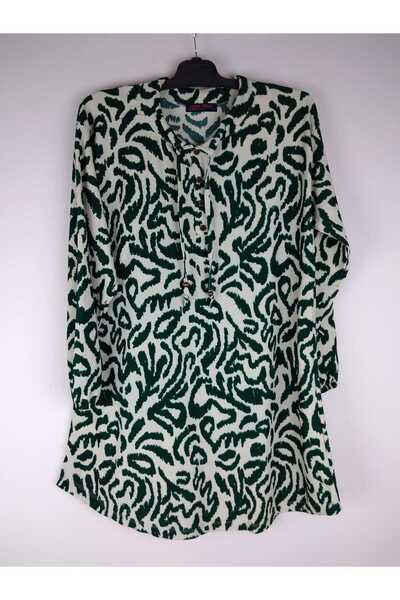 YAŞAR TRİKO Women's Beige Green Tie-Up Neckline Button-Down Long Sleeve Sleeve Ankle Elastic Ribbed Oval Hem Tunic