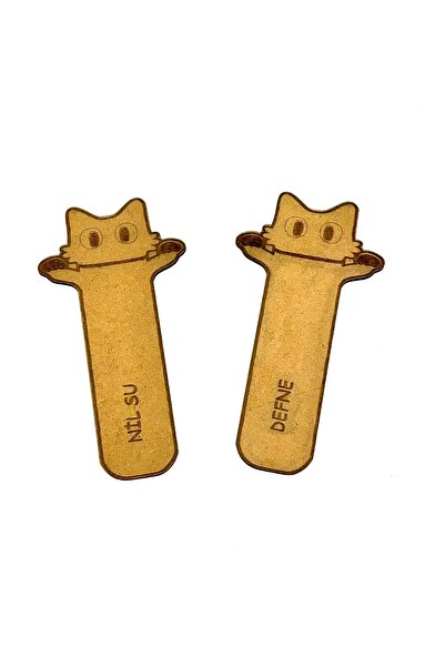 MT İsme Özel Ahşap Kedi Baskılı Kitap Ayracı