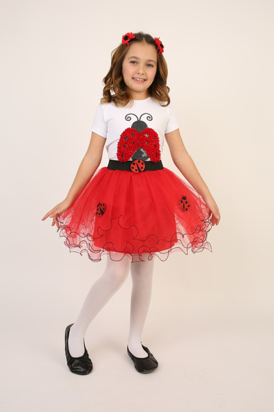 FATELLA Kız Çocuk Uğur Böceği Kostümü Tişört Etek Taç Kanat Takım 23 Nisan 29...