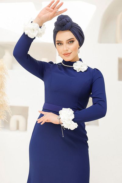 Neva Style Floral Detailed Navy Blue Hijab Evening Dress 46631L