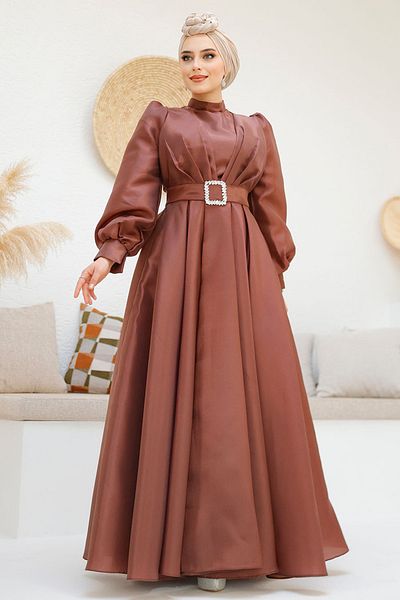 Neva Style Brown Hijab Evening Dress with Buckle Belt 45295Kh