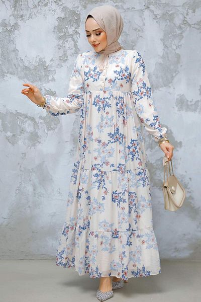 Neva Style Rochie hijab albastră cu modele florale 22054M