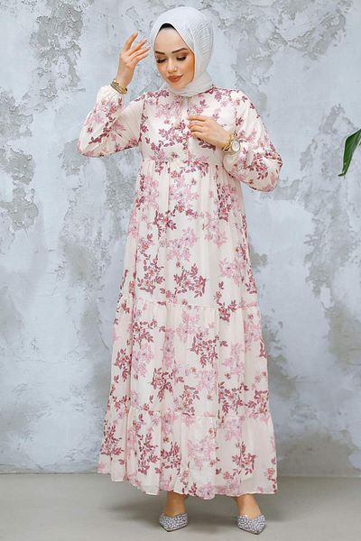 Neva Style Floral Print Dusty Rose Hijab Dress 22054Gk