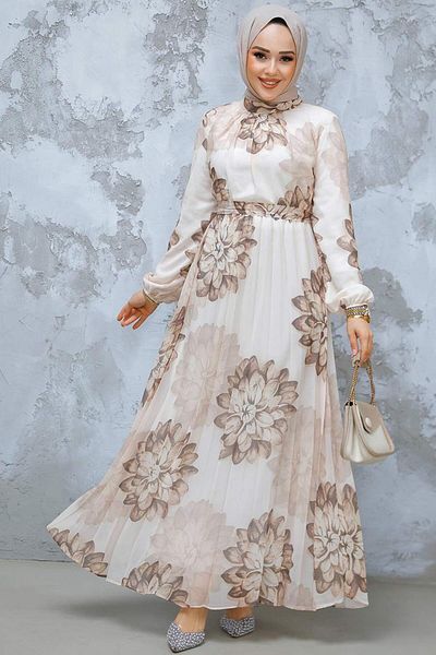 Neva Style Beige Hijab Dress - Floral Pattern, Model 344603 Beige