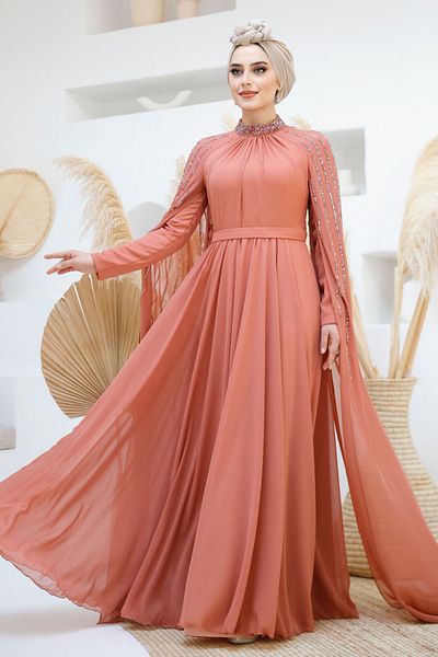 Neva Style فستان سهرة محتشم بلون السلمون الداكن مع تفاصيل عباءة 47381ksmn