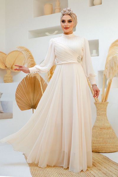 Neva Style Rochie de seară hijab bej cu detaliu de pile 45221bej