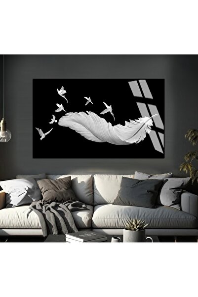 Harikabirev HARİKABİREV | MODEL DE PĂRĂ DETALIAT DE PASĂRE NEGRU-ALB 02 | TABLO DE STICLA TEMPLATA CU CADRU ORIZONTAL