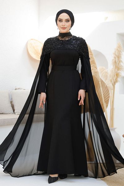 Neva Style Black Hijab Evening Dress with Cape 4653S