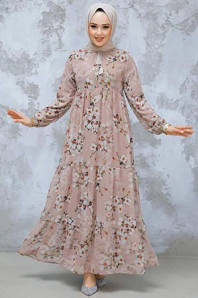 Neva Style Φόρεμα Hijab Mink με σχέδιο λουλουδιών 22053V