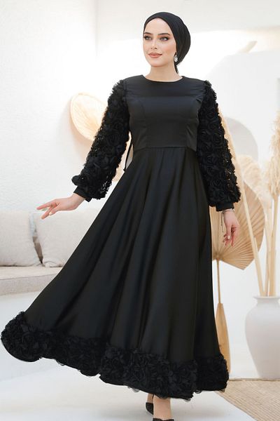Neva Style Flower Detailed Black Hijab Satin Evening Dress 4661S