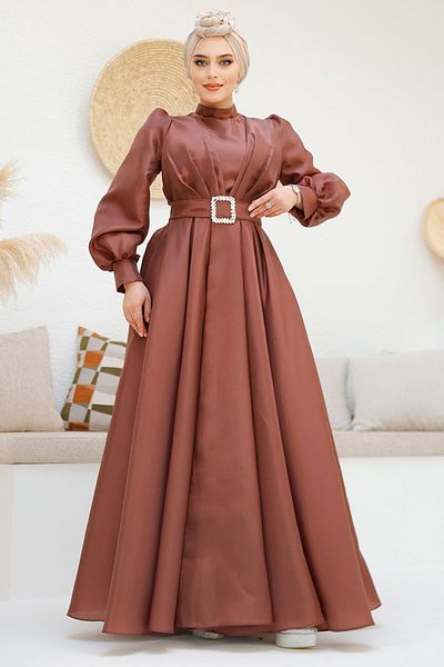 Neva Style Brown Hijab Evening Dress with Buckle Belt 45295Kh