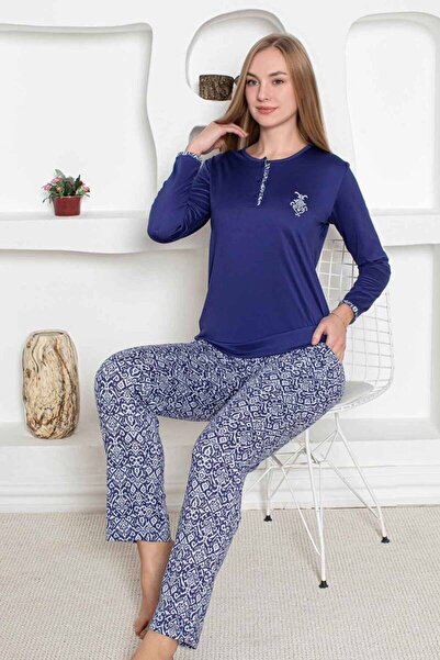 bie's Navy Blue Ethnic Pattern Transitional Women's Pajama Set - Long Sleeve Stretch Fabric Combed Cotton Bottom with Pockets