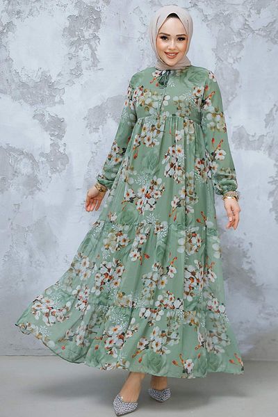 Neva Style Φόρεμα Hijab Χακί με λουλούδια 22053HK