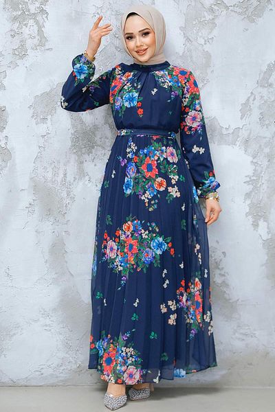 Neva Style Floral Print Navy Blue Hijab Dress 34468L