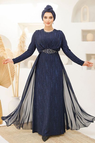 Neva Style Tailed Navy Blue Hijab Evening Dress 4443L
