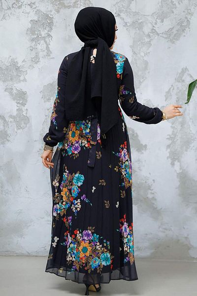 Neva Style Rochie neagră cu hijab cu imprimeu floral 34468S
