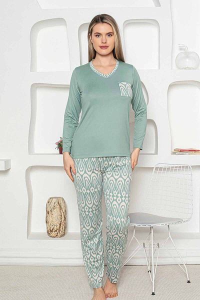 bie's Set de pijamale de sezon pentru femei cu model etnic - mânecă lungă din bumbac pieptănat lycra, fund cu buzunar