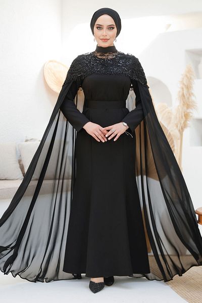 Neva Style Black Hijab Evening Dress with Cape 4653S