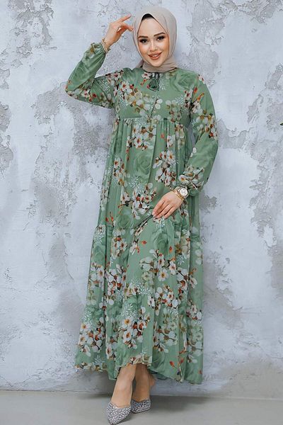 Neva Style Rochie Hijab Kaki cu Motiv Floral 22053HK