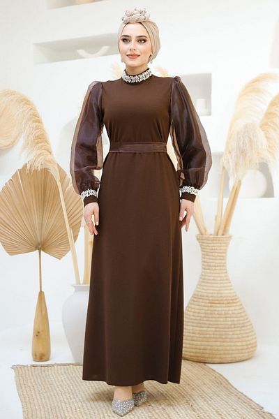 Neva Style Beaded Detailed Brown Hijab Evening Dress 4576Kh