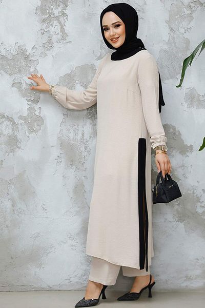 Neva Style Set dublu Hijab Bej - Detaliu cu fantă 65877BEJ