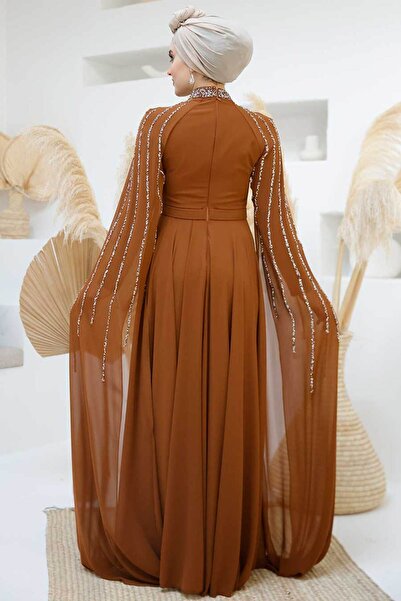 Neva Style Cape Detailed Tan Hijab Evening Dress 47381Tb