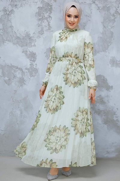 Neva Style Rochie Hijab Kaki cu Motiv Floral 344603 HK