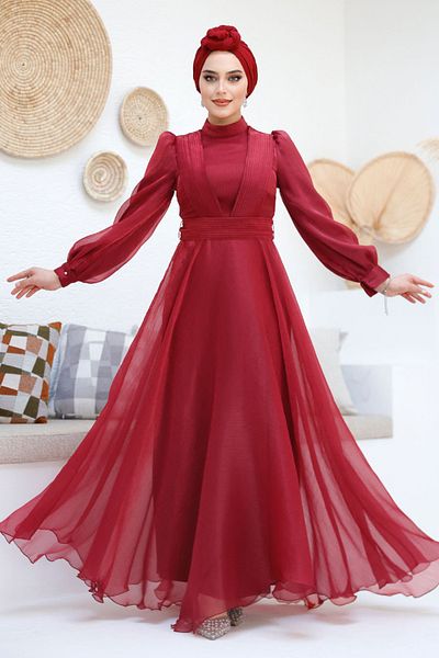 Neva Style Rochie de seară cu drapeau roșu Claret Hijab 45701br