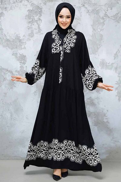 Neva Style Black Hijab Dress - Patterned, Model 18237S