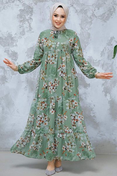 Neva Style Rochie Hijab Kaki cu Motiv Floral 22053HK